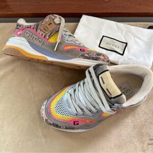 Gucci Multicolor Platform Sneakers — Grey, Yellow & Pink Accents